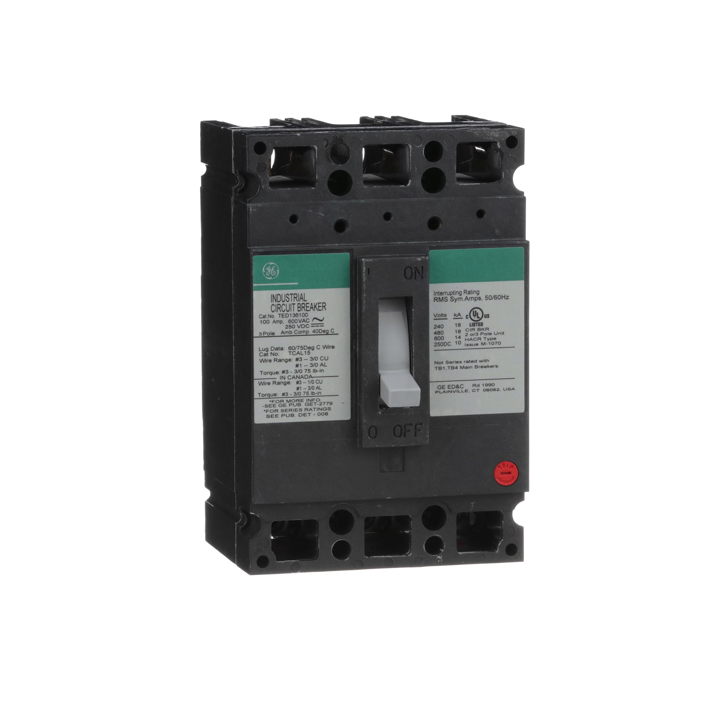 TED136100 Molded Case Circuit Breaker, 3 Pole, 100A, 600V, Bolt-On