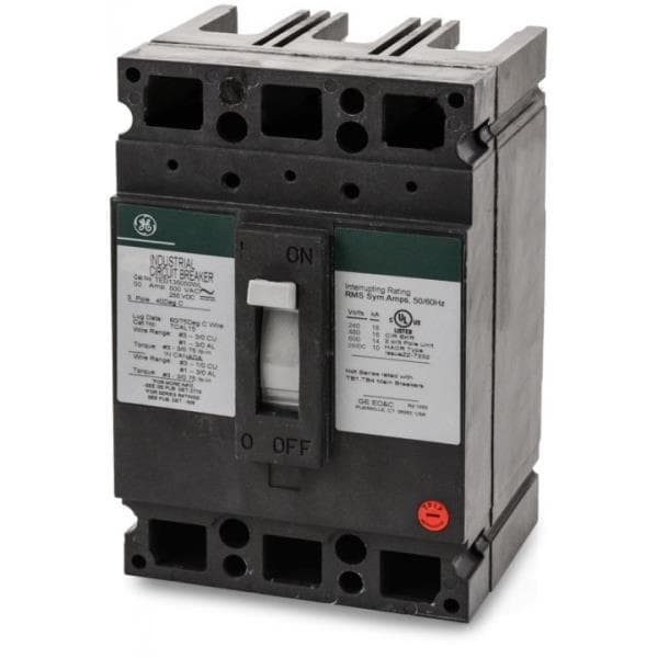 TED series molded case circuit breaker, 3‑pole, 50A, 600VAC, 18kA@480V