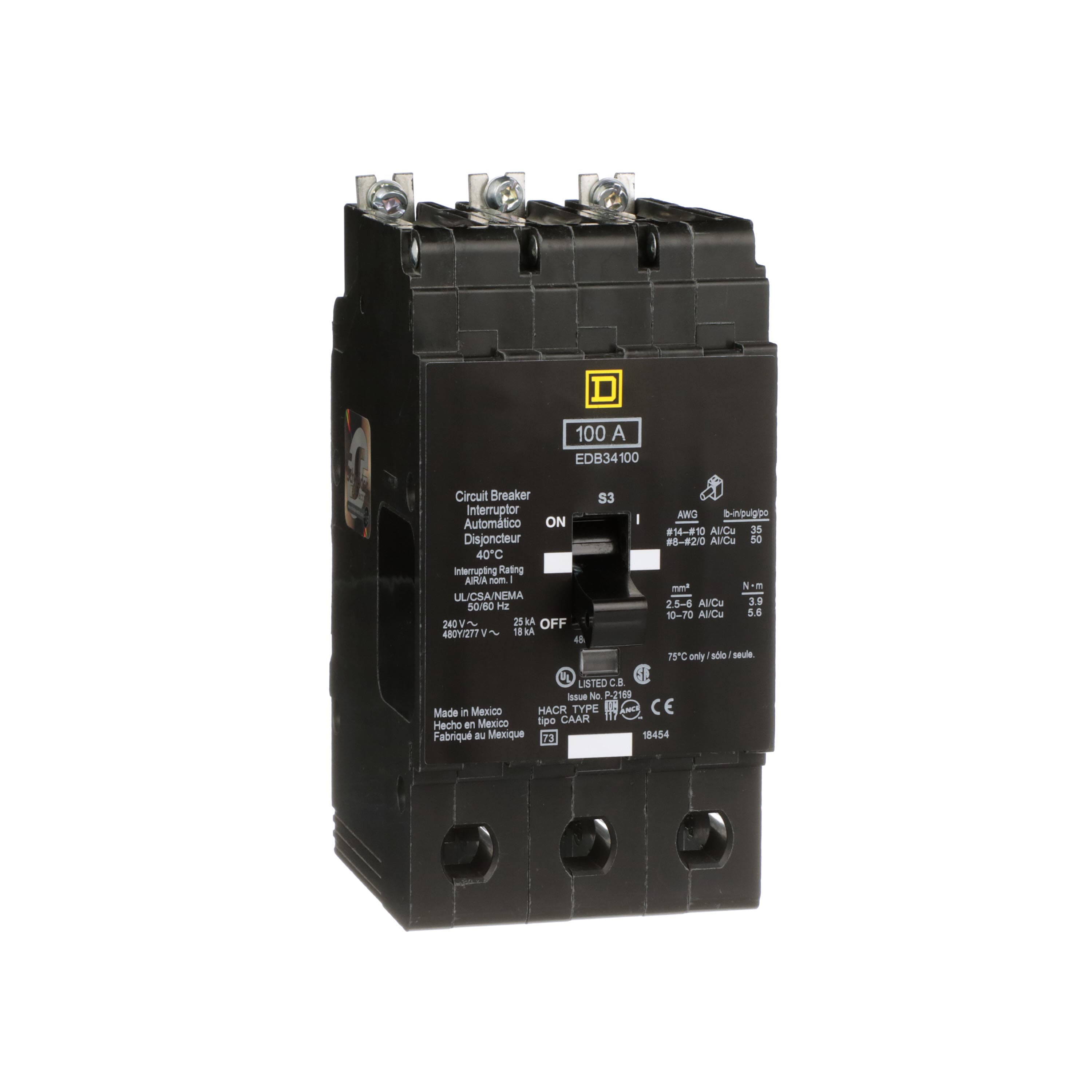 Molded Case Circuit Breaker, 3-Pole, 100 A, 480Y/277 V AC, Bolt-On, Type EDB