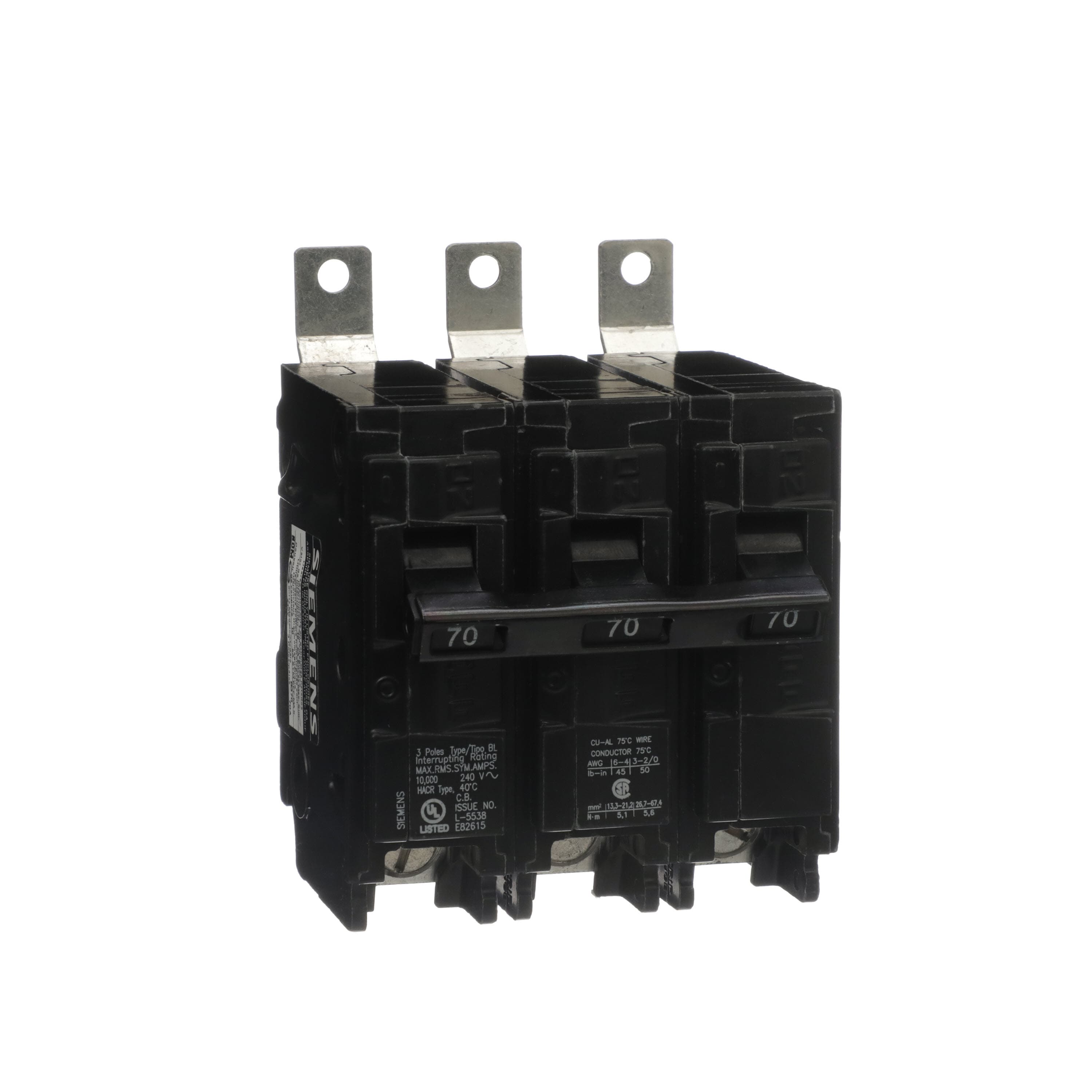 Miniature Circuit Breaker, 70 A, 240V AC, 3‑Pole, Bolt‑On
