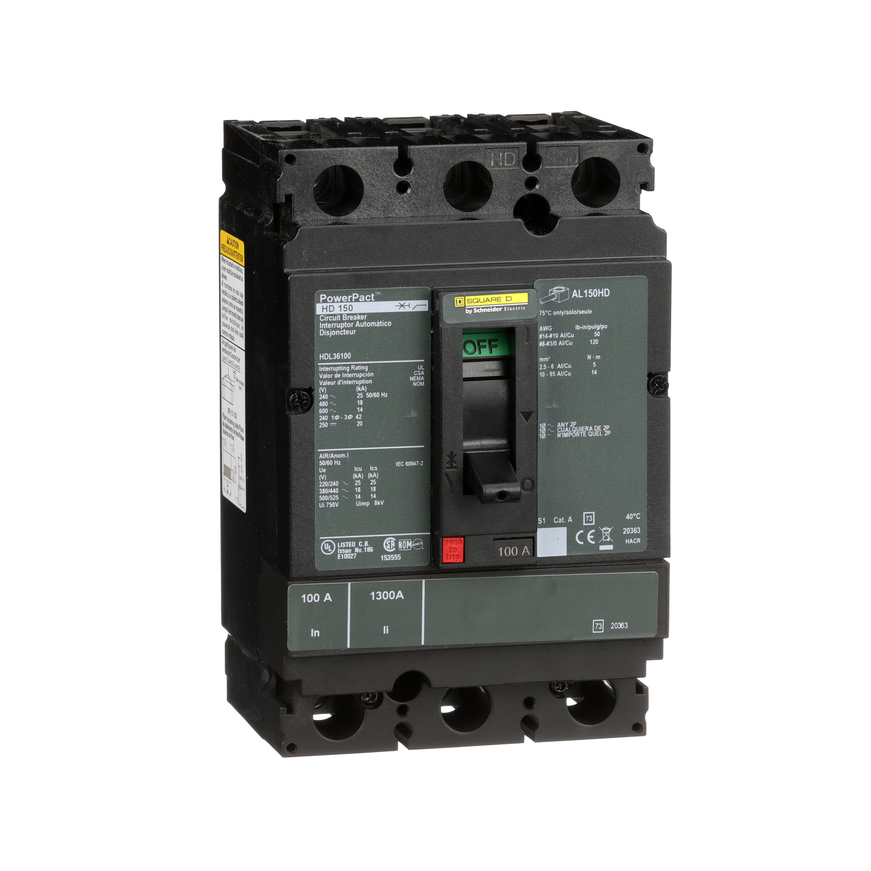 Molded Case Circuit Breaker, 3-Pole, 100 A, 600 VAC, 250 VDC, Thermal-Magnetic