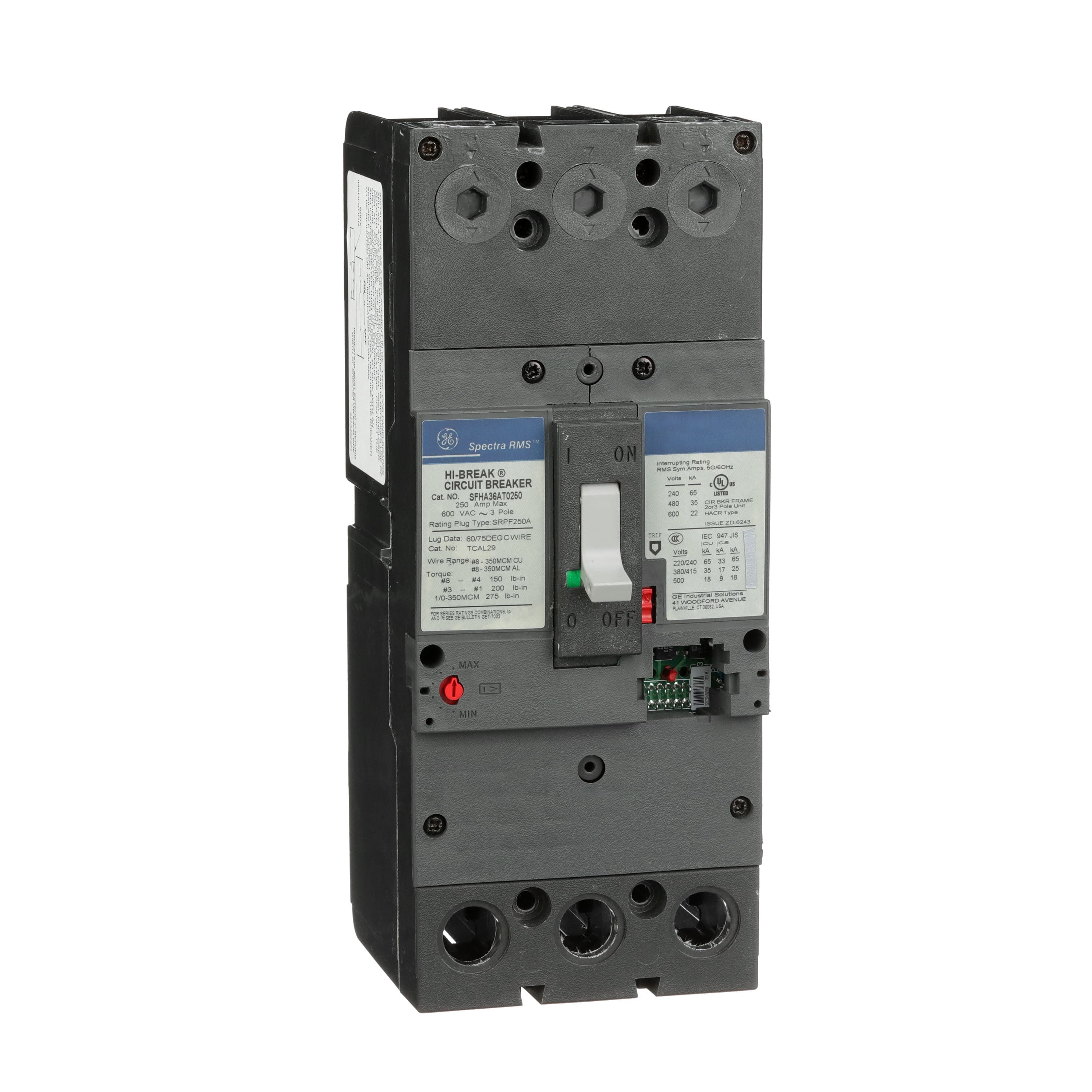 SFHA36AT0250 Spectra RMS electronic trip MCCB, 3 pole, 600 V, 250 A