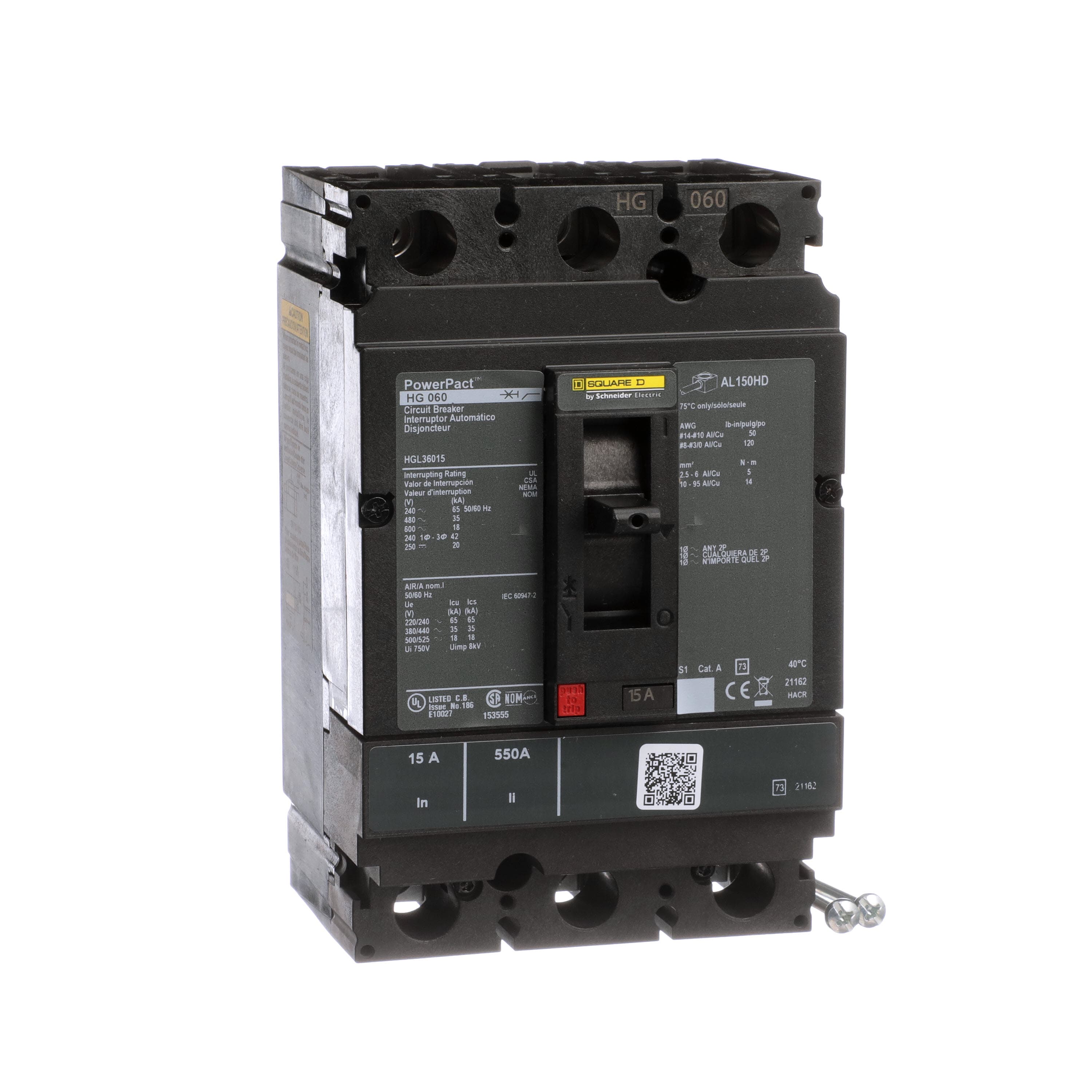 PowerPact H-frame MCCB, 3-pole, 15A, 600V, thermal magnetic