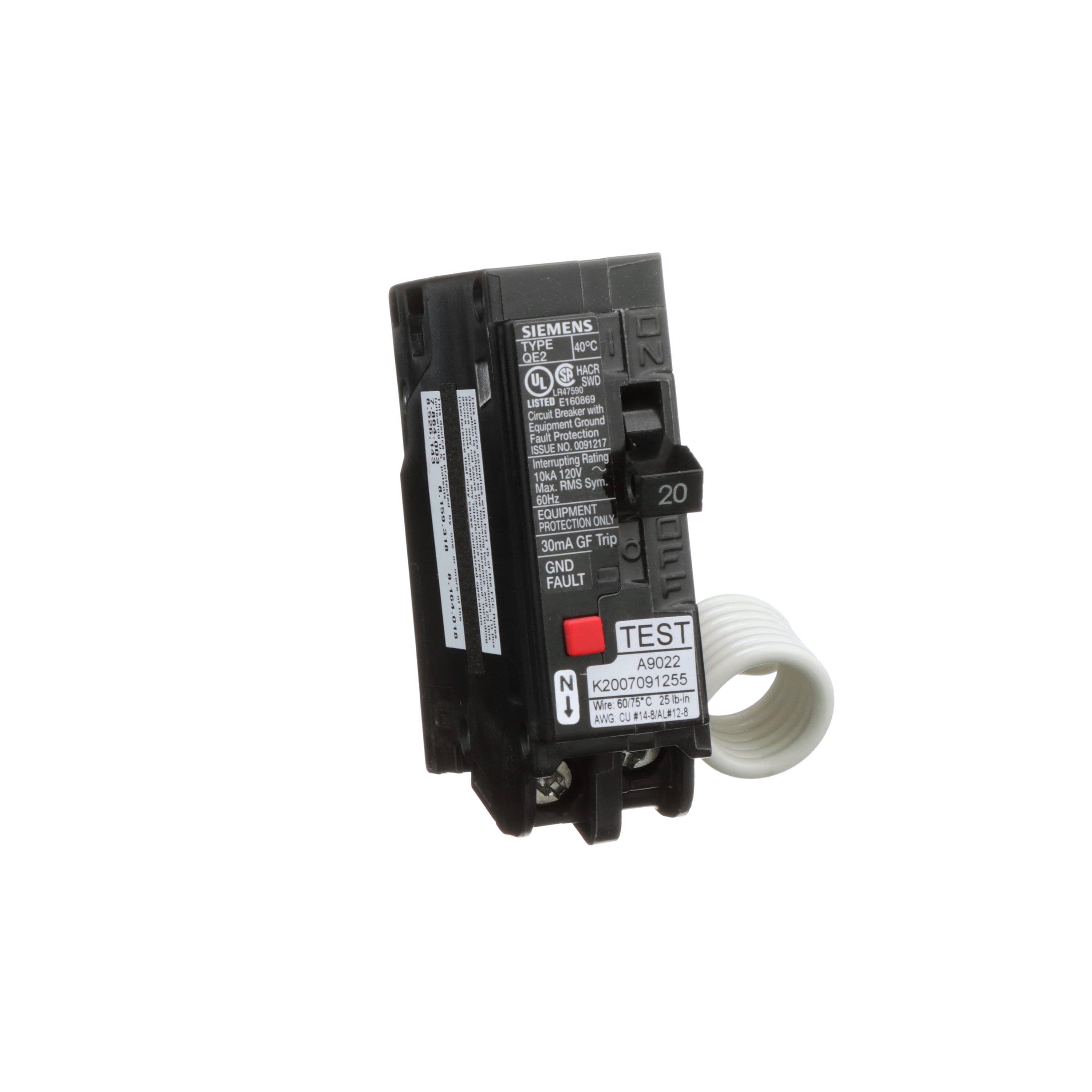 20 A Single Pole Type QE GFCI Equipment Protection Circuit Breaker, 120 V, Plug‑On